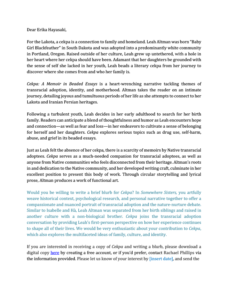 A copy of the blurb request template with customized appeal to author Erika Hayasaki