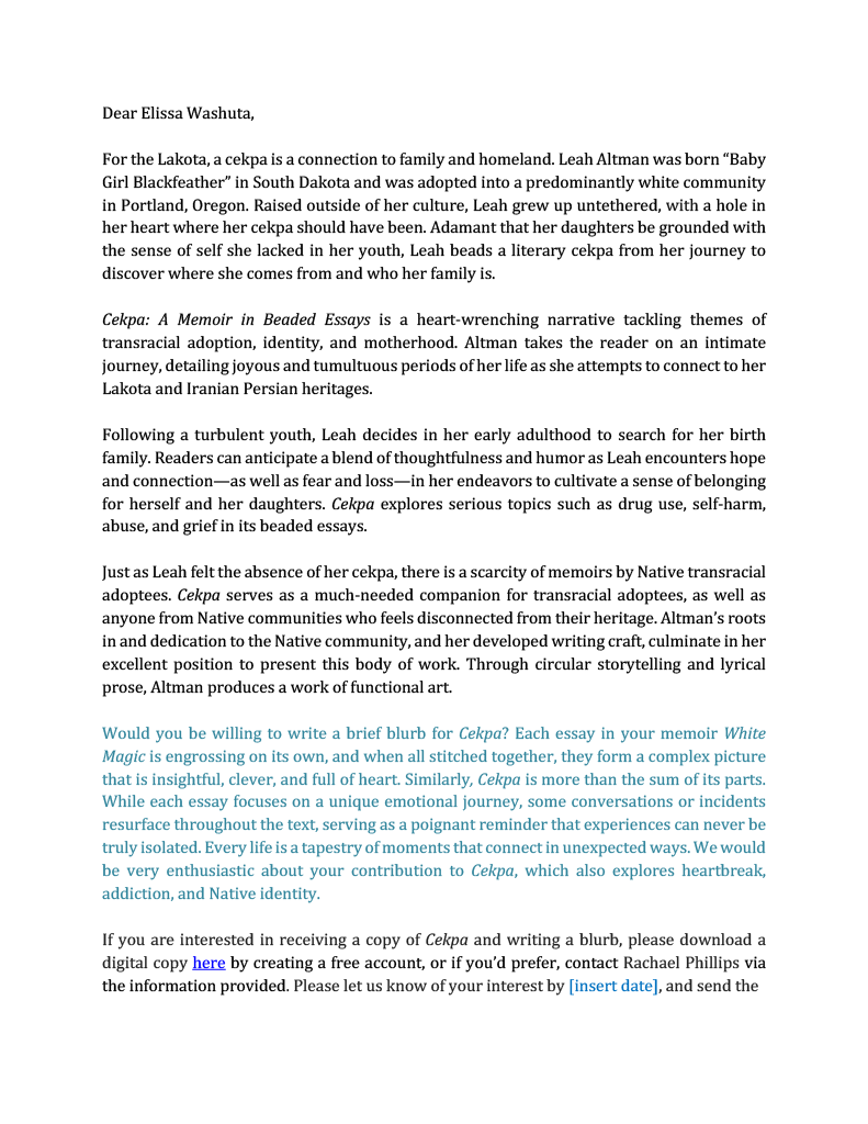 A copy of the blurb request template with customized appeal to author Elissa Washuta