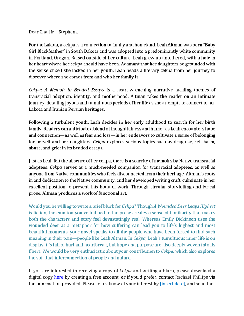 A copy of the blurb request template with customized appeal to author Charlie J. Stephens